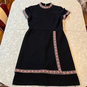 Vintage Black Minidress with Embroidered White, Black & Red Ribbon Trim